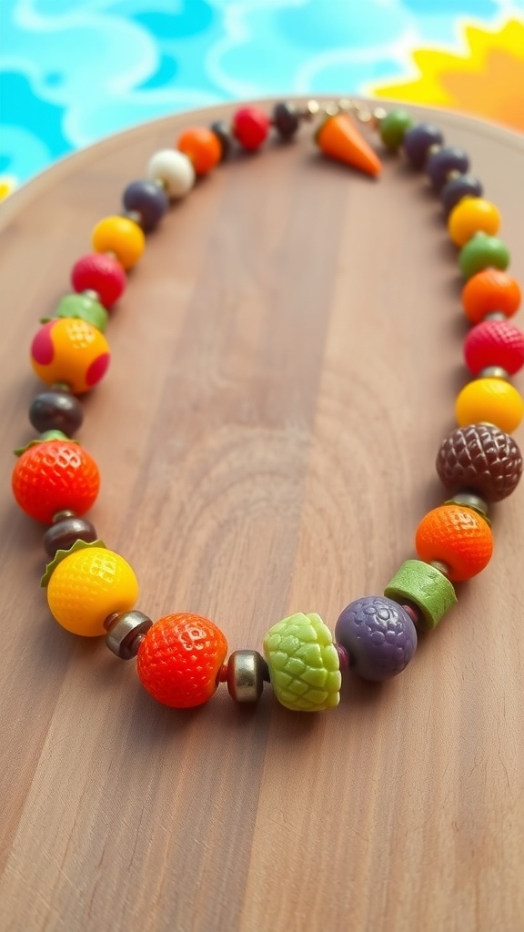 A vibrant fruit salad necklace made of colorful beads resembling various fruits.